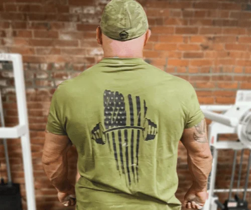 Lockup Gym American Flag/Barbell T- Shirt Military Green